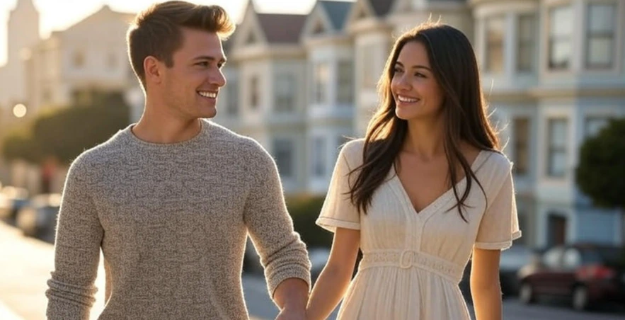 happy couple in sexual relations happy couple in sexual relations walking down the street of San Fracisco