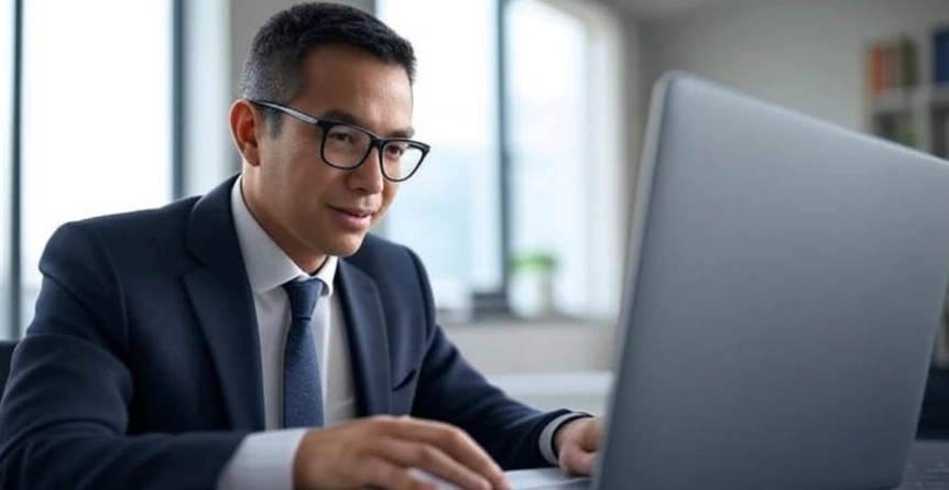 Cosmetics buyer using CTFA's International Buyer's Guide on laptop