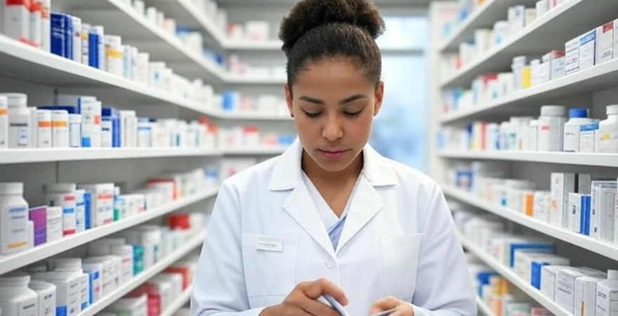Woman Pharmacist Filling Prescription in Pharmacy