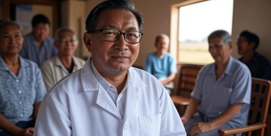 Doctor assisting poor people in rural area