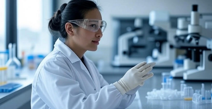 Laboratory assistant performing urinary test in modern lab