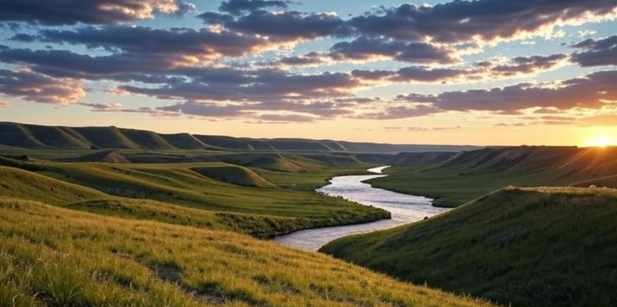 Scenic North Dakota landscape with rolling plains and blue sky
