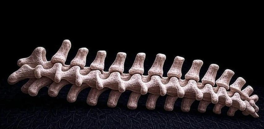 Human spinal cord illustration on a black background, 16:9 image highlighting anatomy for spinal cord injury research