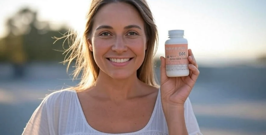Radiant woman with collagen supplement bottle