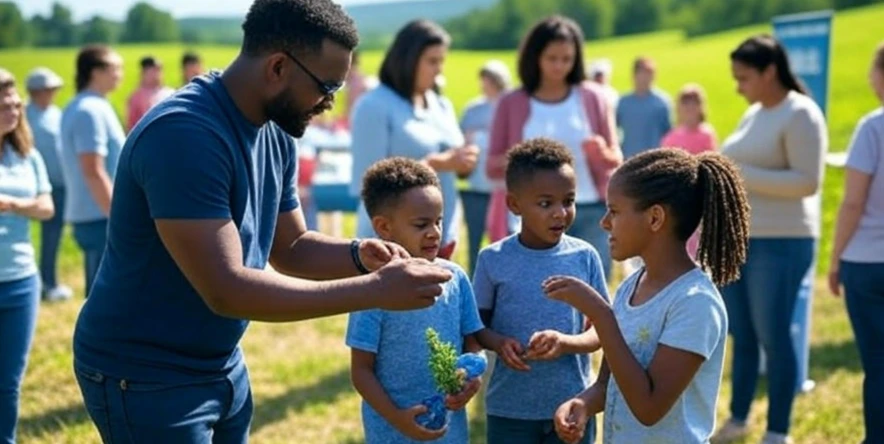 Champaign County FCFC event in Ohio, families at a health fair with workshops, rural backdrop, promoting child well-being and family empowerment.