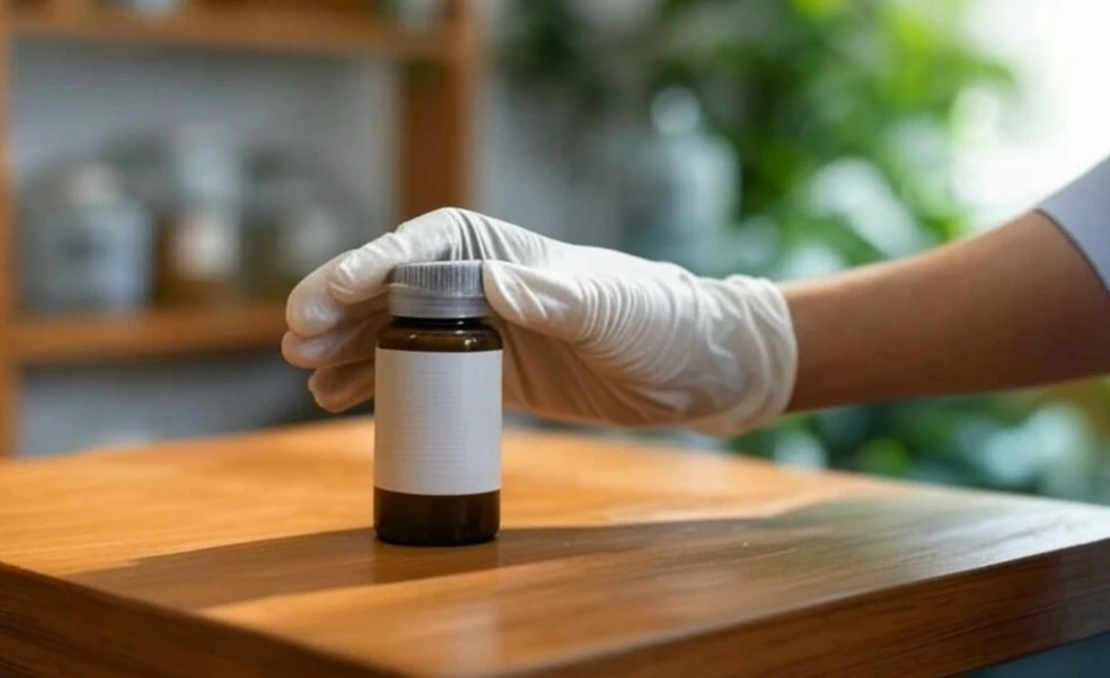 Gloved hand placing Microgard Plus bottle on pharmacy counter